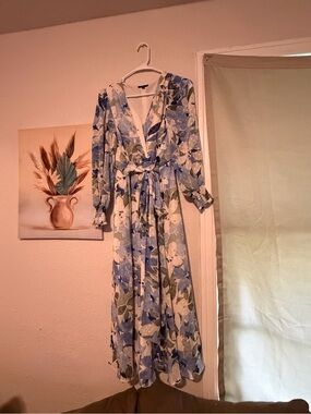 The Limited Blue and White Floral Wrap Maxi Dress with Tie